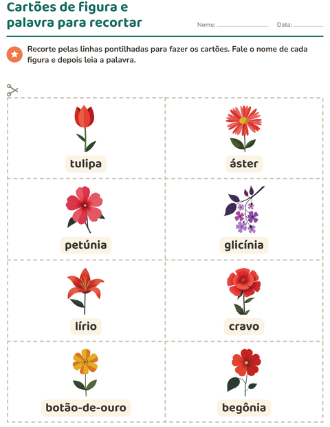 Pré-visualização da ficha de Cartões de figura e palavra com Flores para Educação infantil (pré-escola, 5-7 anos)