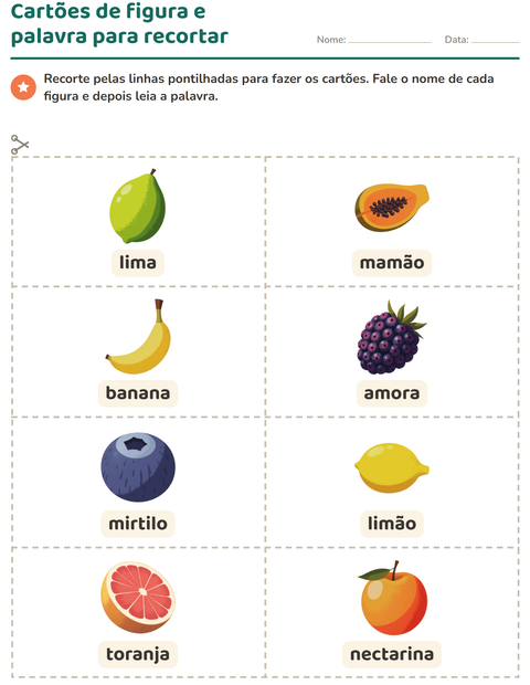 Pré-visualização da ficha de Cartões de figura e palavra com Frutas para Educação infantil (pré-escola, 5-7 anos)