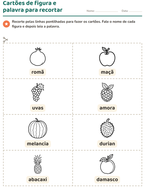 Pré-visualização da ficha de Cartões de figura e palavra com Frutas PB para Educação infantil (pré-escola, 5-7 anos)
