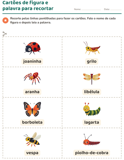 Pré-visualização da ficha de Cartões de figura e palavra com Insetos e bichos para Educação infantil (pré-escola, 5-7 anos)