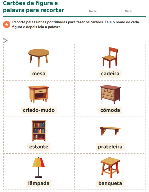 Pré-visualização da ficha de Cartões de figura e palavra com Móveis para Educação infantil (pré-escola, 5-7 anos)