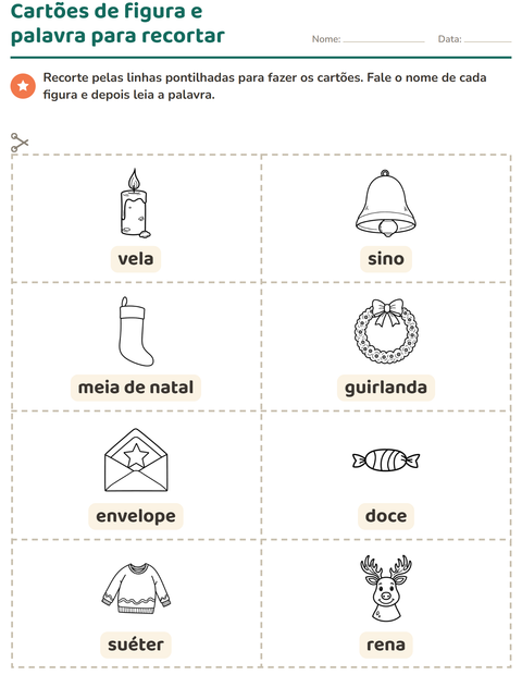Pré-visualização da ficha de Cartões de figura e palavra com Natal P&B para Educação infantil (pré-escola, 5-7 anos)