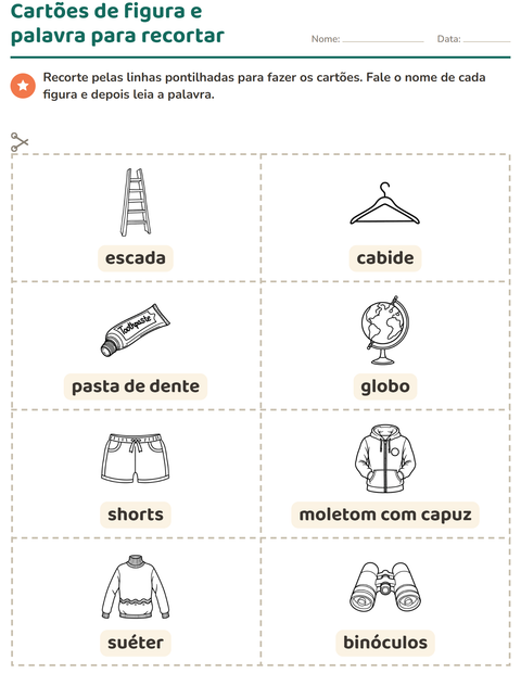 Pré-visualização da ficha de Cartões de figura e palavra com Objetos PB para Educação infantil (pré-escola, 5-7 anos)
