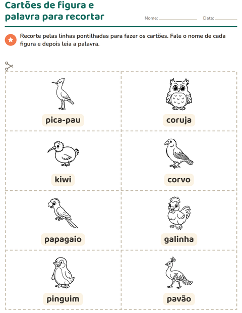 Pré-visualização da ficha de Cartões de figura e palavra com Pássaros P&B para Educação infantil (pré-escola, 5-7 anos)