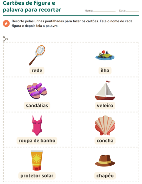 Pré-visualização da ficha de Cartões de figura e palavra com Praia para Educação infantil (pré-escola, 5-7 anos)