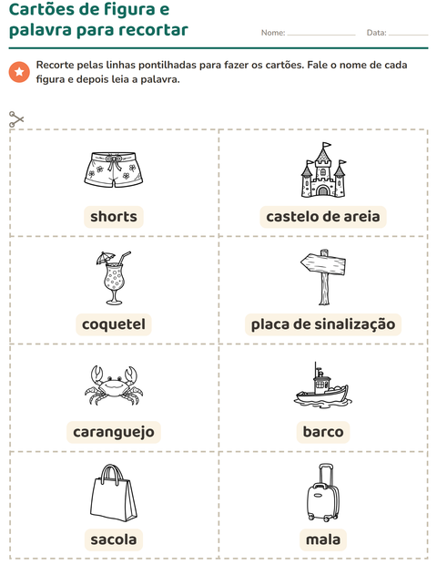 Pré-visualização da ficha de Cartões de figura e palavra com Praia PB 2 para Educação infantil (pré-escola, 5-7 anos)
