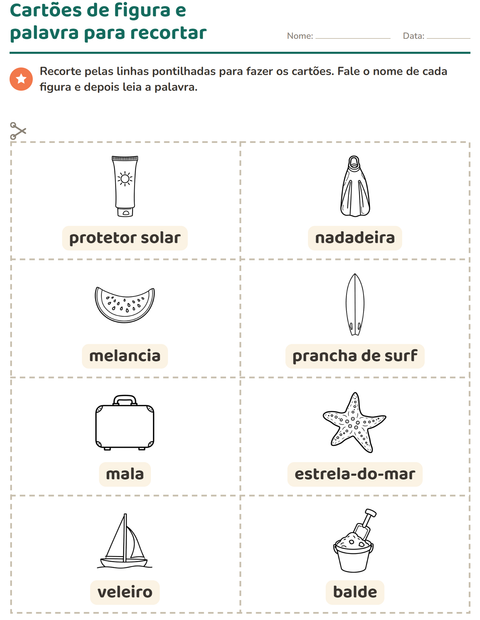 Pré-visualização da ficha de Cartões de figura e palavra com Praia PB para Educação infantil (pré-escola, 5-7 anos)