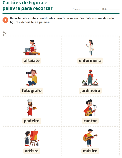 Pré-visualização da ficha de Cartões de figura e palavra com Profissões para Educação infantil (pré-escola, 5-7 anos)
