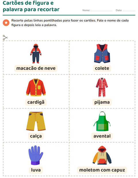 Pré-visualização da ficha de Cartões de figura e palavra com Roupas para Educação infantil (pré-escola, 5-7 anos)
