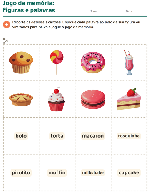Pré-visualização da ficha de Cartões de figura e palavra com Sobremesas e doces para Educação infantil (pré-escola, 5-7 anos)