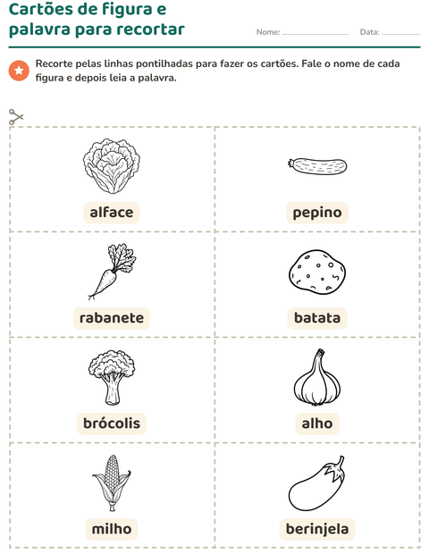 Pré-visualização da ficha de Cartões de figura e palavra com Vegetais PB para Educação infantil (pré-escola, 5-7 anos)