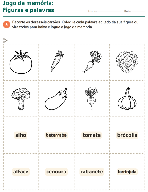 Pré-visualização da ficha de Cartões de figura e palavra com Vegetais PB para Educação infantil (pré-escola, 5-7 anos)