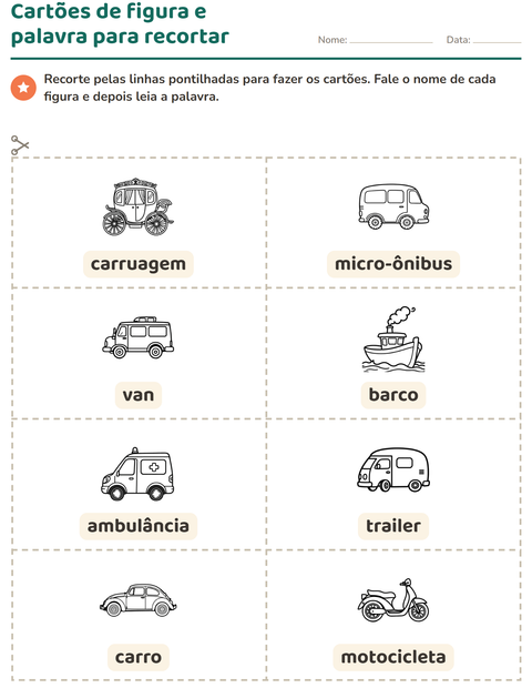 Pré-visualização da ficha de Cartões de figura e palavra com Veículos PB 3 para Educação infantil (pré-escola, 5-7 anos)