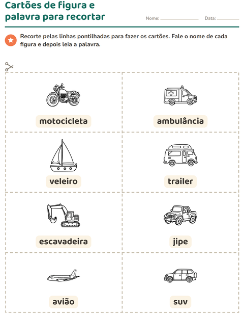Pré-visualização da ficha de Cartões de figura e palavra com Veículos PB para Educação infantil (pré-escola, 5-7 anos)
