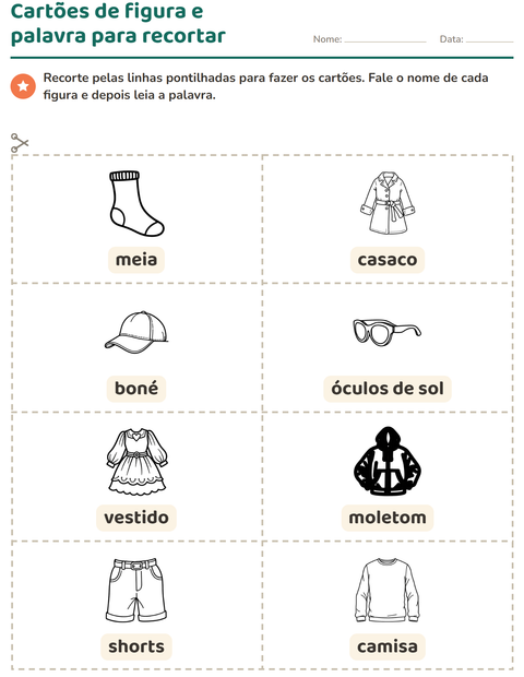 Pré-visualização da ficha de Cartões de figura e palavra com Vestuário PB para Educação infantil (pré-escola, 5-7 anos)