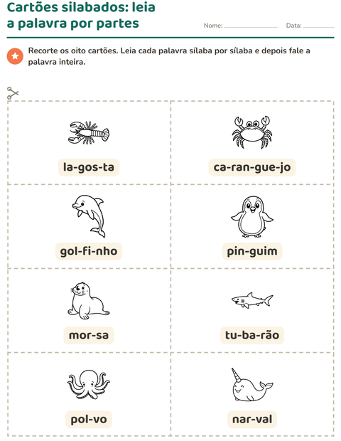 Pré-visualização da ficha de Cartões de figura e palavra com Vida marinha PB para 1º ano do ensino fundamental