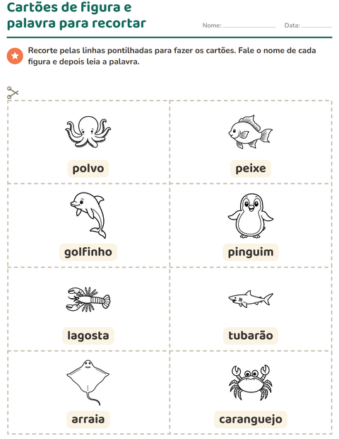 Pré-visualização da ficha de Cartões de figura e palavra com Vida marinha PB para Educação infantil (pré-escola, 5-7 anos)