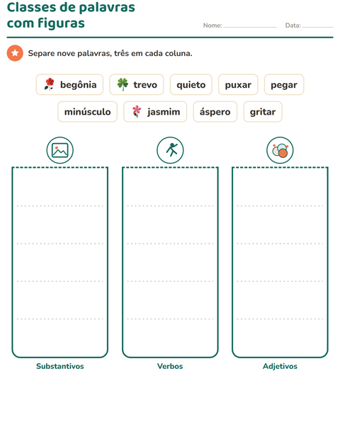 Pré-visualização da ficha de Classes de palavras com Flores para 2º ano do ensino fundamental