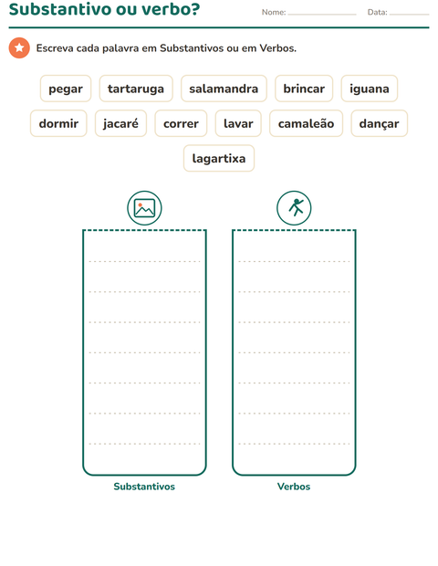 Pré-visualização da ficha de Classes de palavras com Répteis e anfíbios para 1º ano do ensino fundamental