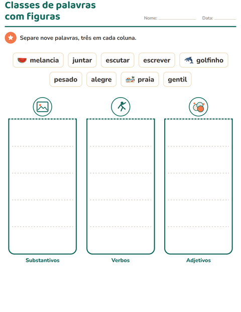 Pré-visualização da ficha de Classes de palavras com Verão para 2º ano do ensino fundamental