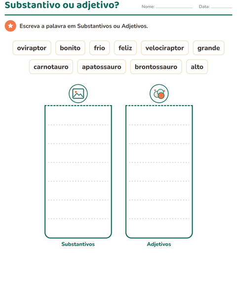 Pré-visualização da ficha de Classes de palavras com Dinossauros para 1º ano do ensino fundamental