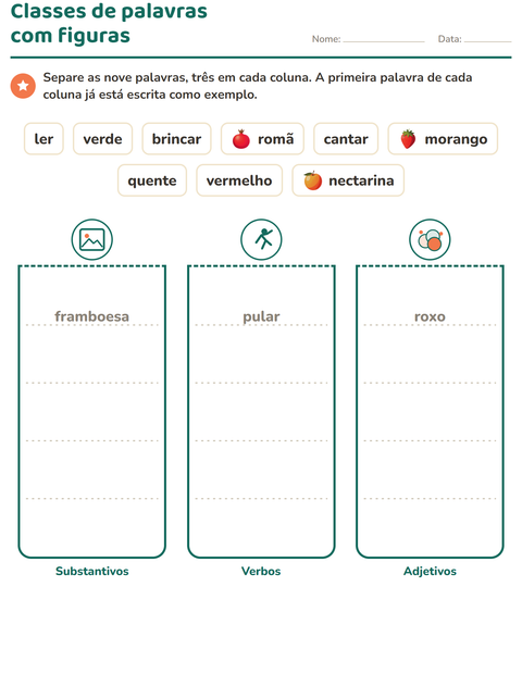 Pré-visualização da ficha de Classes de palavras com Frutas para 2º ano do ensino fundamental