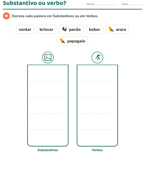 Pré-visualização da ficha de Classes de palavras com Pássaros para 1º ano do ensino fundamental
