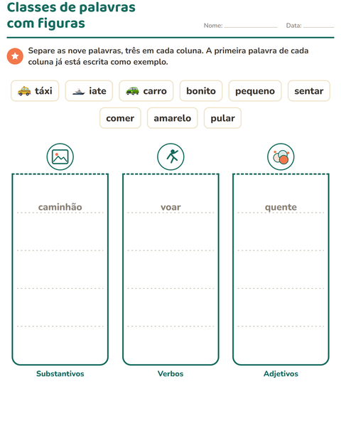 Pré-visualização da ficha de Classes de palavras com Veículos para 2º ano do ensino fundamental