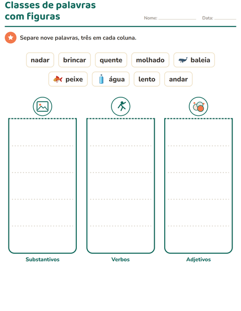 Pré-visualização da ficha de Classes de palavras com Praia para 2º ano do ensino fundamental