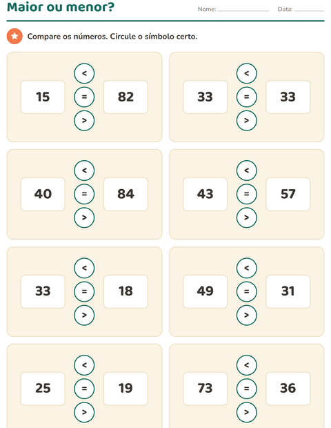 Pré-visualização da ficha de Comparar números para 1º ano do ensino fundamental