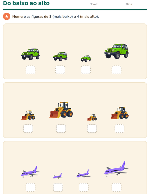 Pré-visualização da ficha de Comparar tamanhos com Veículos para Educação infantil (pré-escola, 5-7 anos)