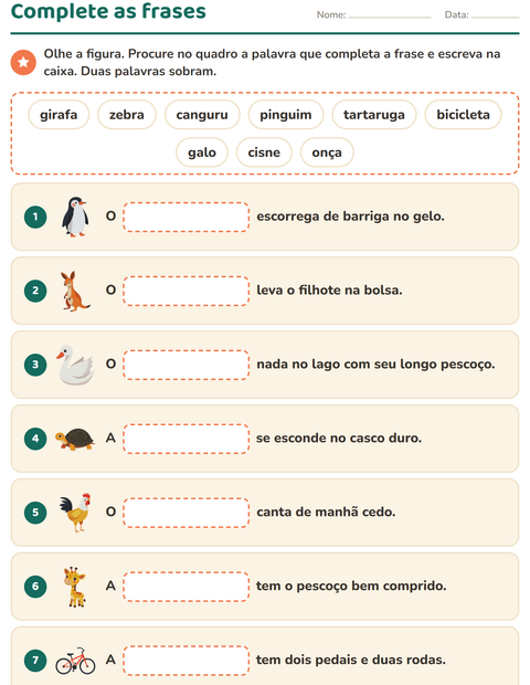 Pré-visualização da ficha de Complete as frases para 1º ano do ensino fundamental