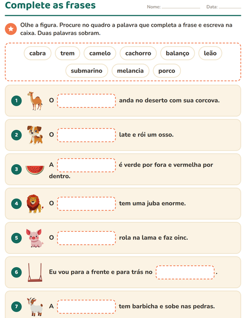 Pré-visualização da ficha de Complete as frases para 1º ano do ensino fundamental