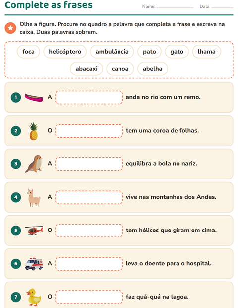 Pré-visualização da ficha de Complete as frases para 1º ano do ensino fundamental