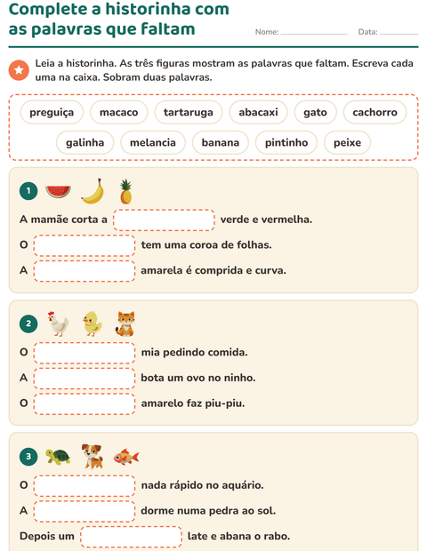 Pré-visualização da ficha de Complete as frases para 2º ano do ensino fundamental