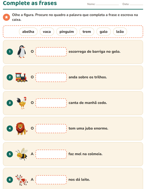 Pré-visualização da ficha de Complete as frases para 1º ano do ensino fundamental