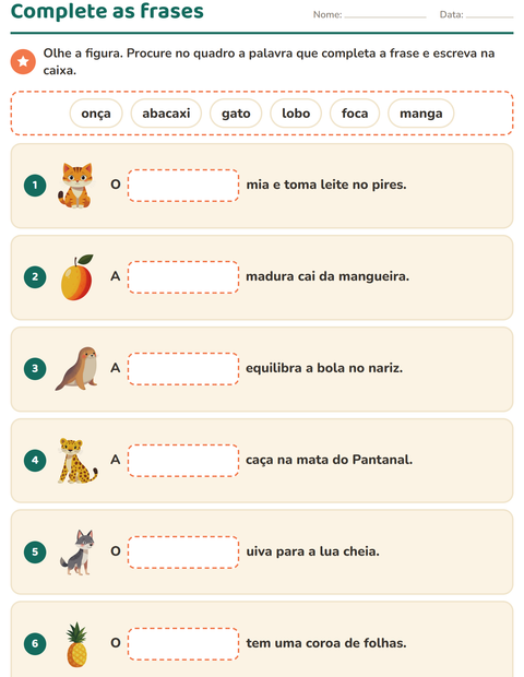 Pré-visualização da ficha de Complete as frases para 1º ano do ensino fundamental