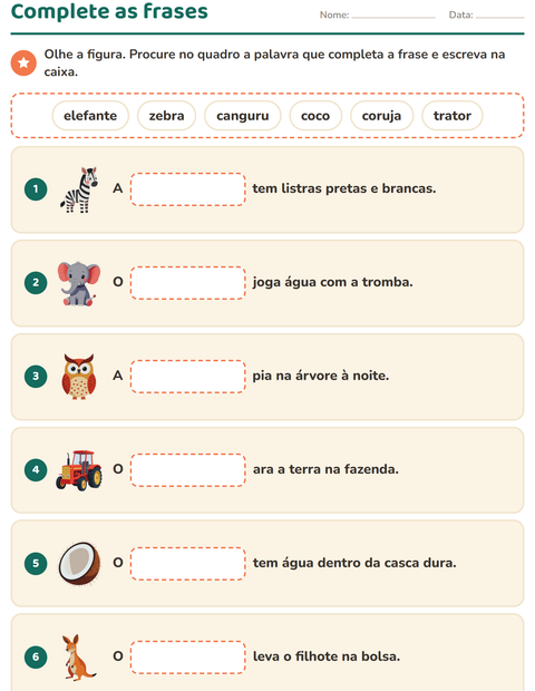 Pré-visualização da ficha de Complete as frases para 1º ano do ensino fundamental