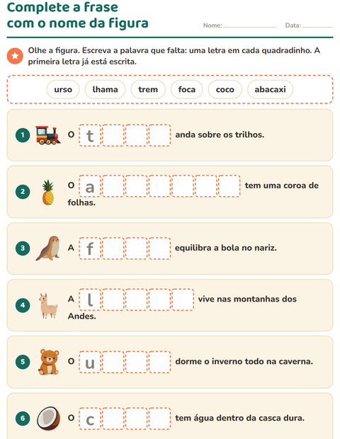 Pré-visualização da ficha de Complete as frases para 1º ano do ensino fundamental