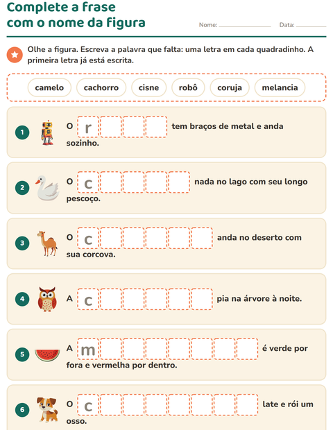 Pré-visualização da ficha de Complete as frases para 1º ano do ensino fundamental