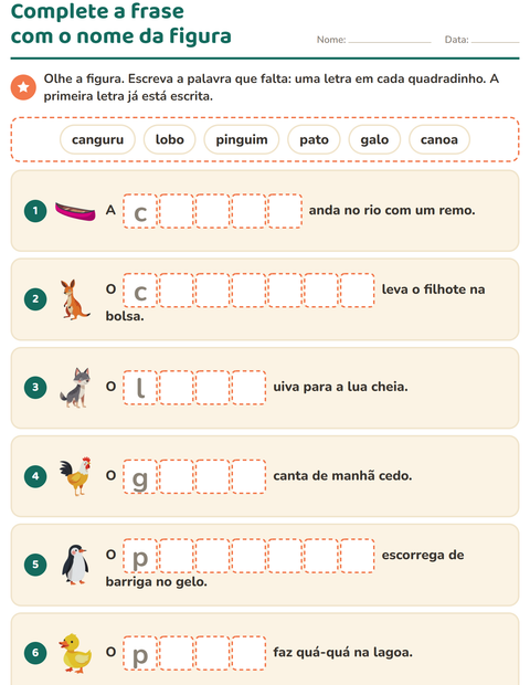 Pré-visualização da ficha de Complete as frases para 1º ano do ensino fundamental