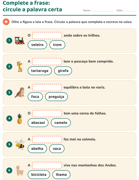 Pré-visualização da ficha de Complete as frases para 1º ano do ensino fundamental