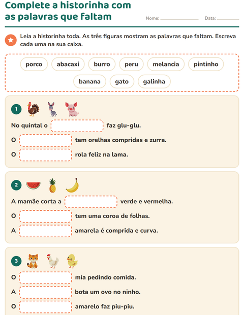 Pré-visualização da ficha de Complete as frases para 2º ano do ensino fundamental