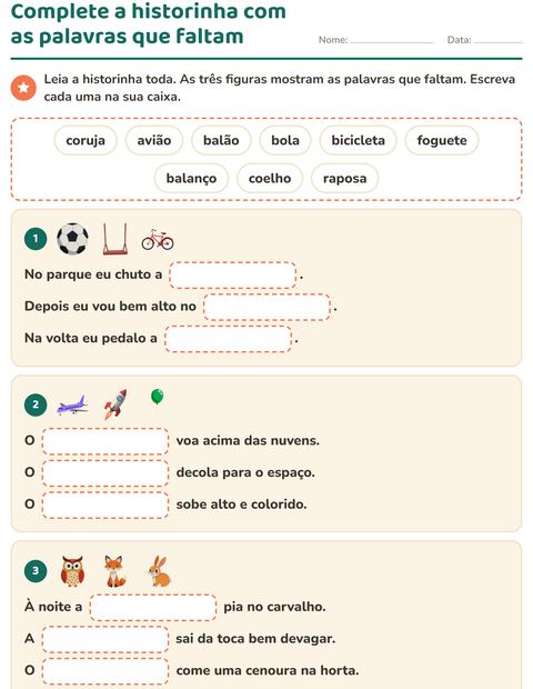 Pré-visualização da ficha de Complete as frases para 2º ano do ensino fundamental
