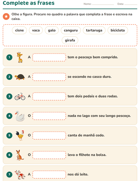 Pré-visualização da ficha de Complete as frases para 1º ano do ensino fundamental