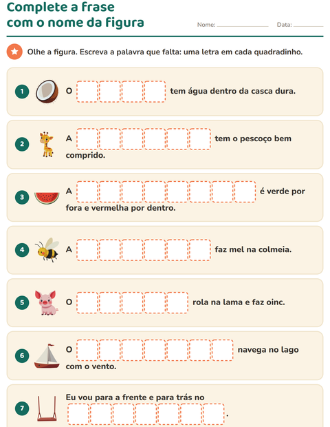 Pré-visualização da ficha de Complete as frases para 1º ano do ensino fundamental
