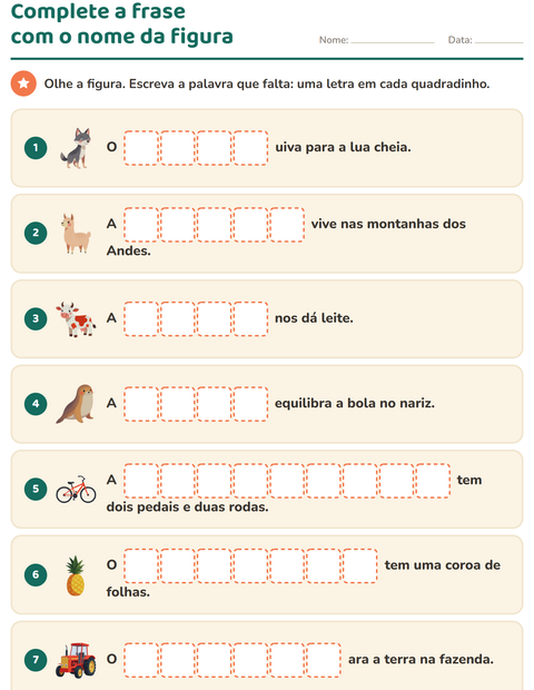 Pré-visualização da ficha de Complete as frases para 1º ano do ensino fundamental
