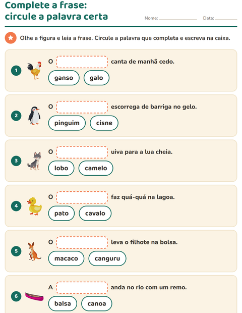 Pré-visualização da ficha de Complete as frases para 1º ano do ensino fundamental