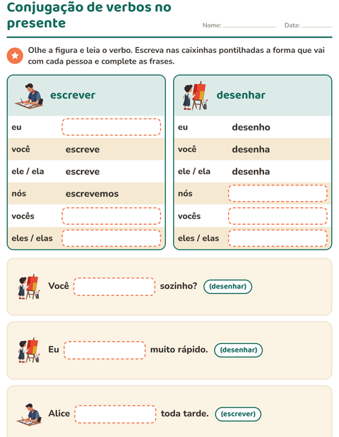 Conjugação de verbos no presente: complete a tabela das seis pessoas