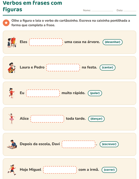 Verbos em frases com figuras: escreva a forma que completa cada frase